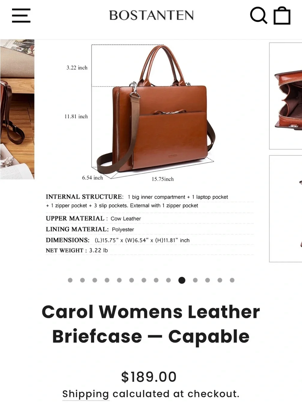 Bostanten black waxed leather Carol laptop brief case